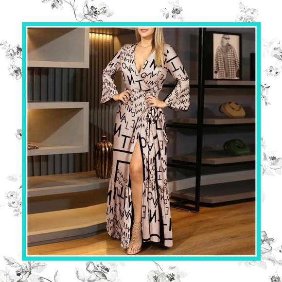 🌸 PRINT OPEN WRAP DRESS MAXI LONG DUSTER RUFFLE BELL SLEEVE DIVA FASHION DESIGN - Picture 1 of 2